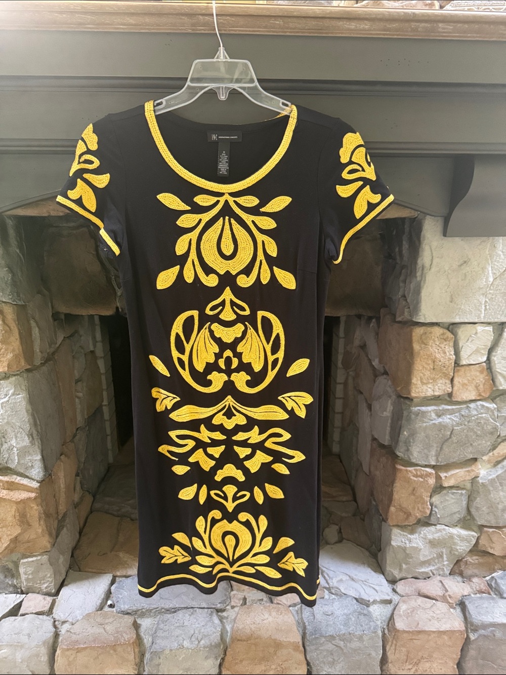 INC International Concepts Black Dress with Yellow Embroidered Motif